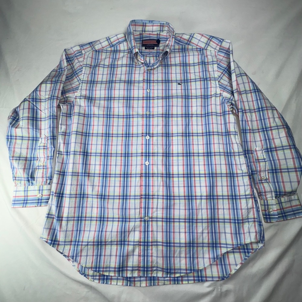 Vineyard Vines Mens Large Slim Fit Whale Shirt Plaid Button Down Blue Pink 5638